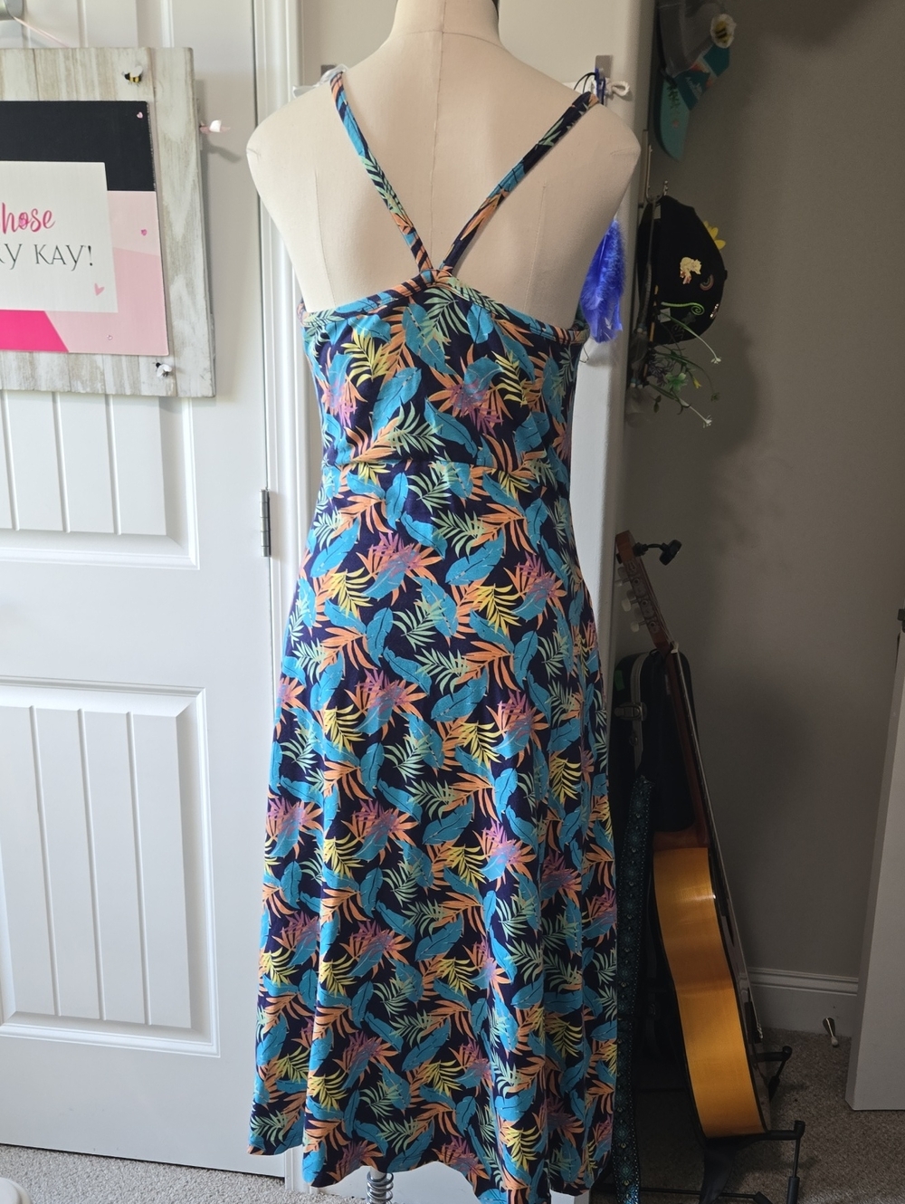Pact Tropical Leaf Print Midi Dress in Navy with Teal, Coral, Yellow - Picture 3 of 6